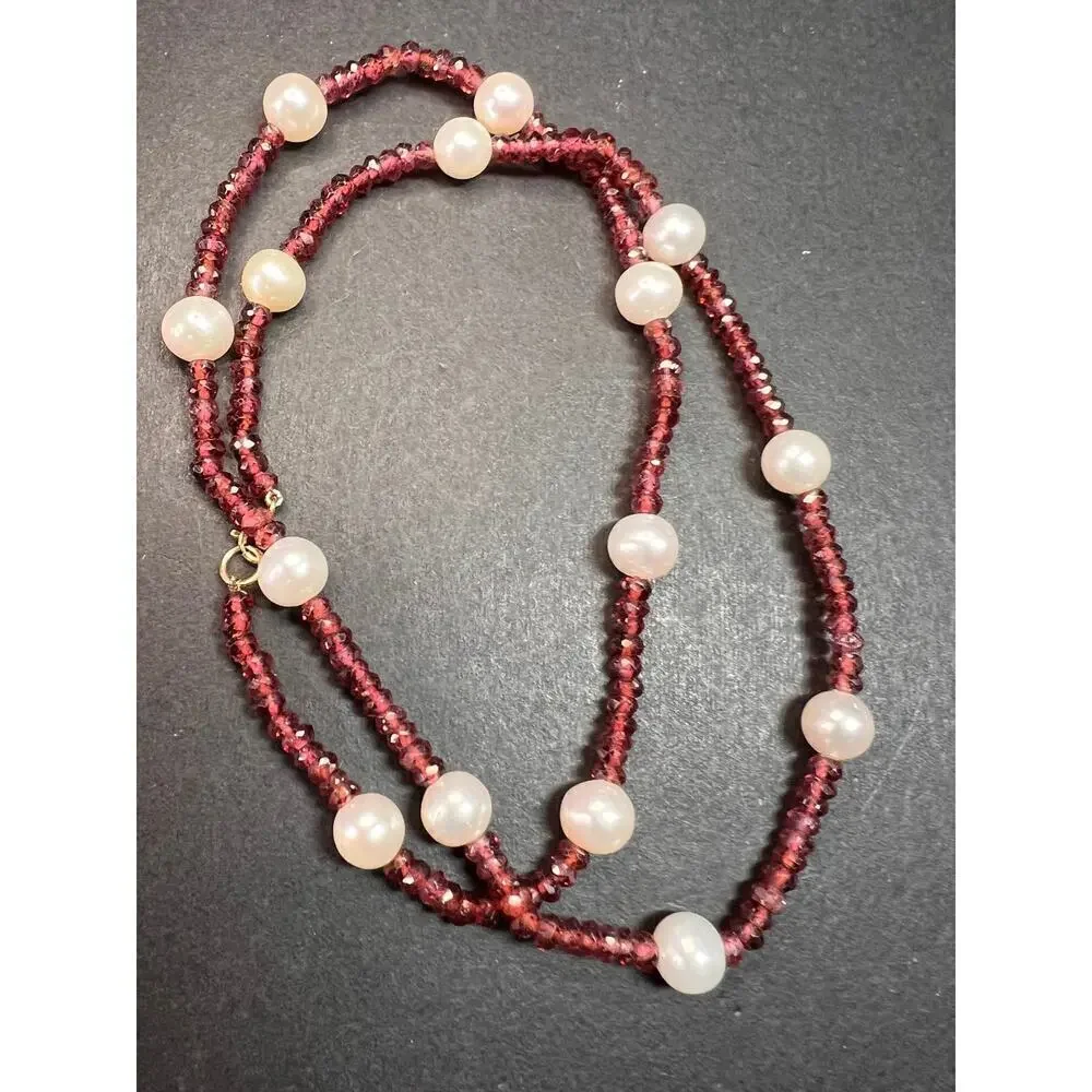 14k gold garnet and pearl station necklace 18 inches